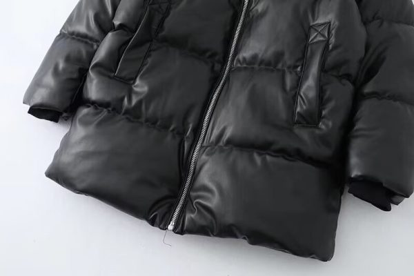 Hooded Faux Leather Mid-Length Jacket Cold-Proof Coat