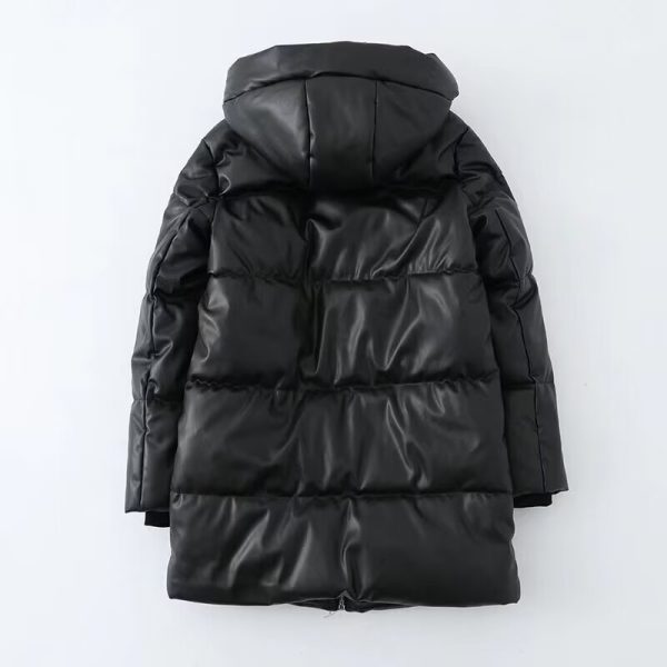 Hooded Faux Leather Mid-Length Jacket Cold-Proof Coat