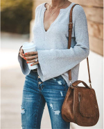 Autumn Solid Color Women Office V-neck Plus Size Loose Sweater