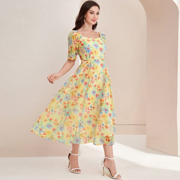 French Elegant Square Collar High Waist Summer Dress