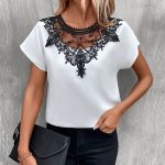 Lace Patch Round Neck Shirt - Summer Color Contrast Top