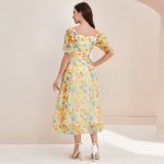 French Elegant Square Collar High Waist Summer Dress