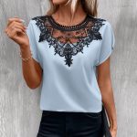 Lace Patch Round Neck Shirt - Summer Color Contrast Top