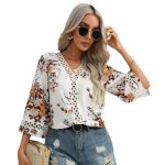 Lace Bell Sleeve V-Neck Shirt - Summer/Autumn Style