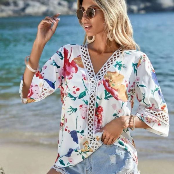 Lace Bell Sleeve V-Neck Shirt - Summer/Autumn Style
