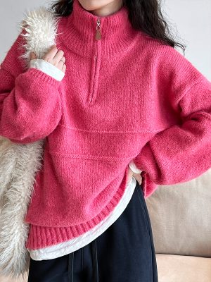Lazy Loose Pink Zip Sweater | Half Turtleneck, Thickened