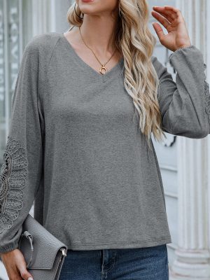 Lace-Trim V-Neck Long Sleeve Tee