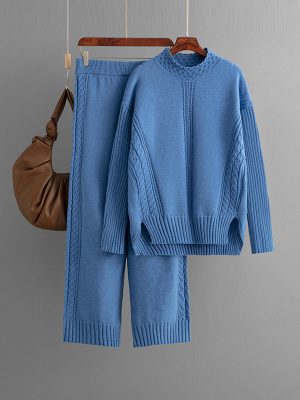 Casual Two-Piece Knitted Suit - Mock Neck Sweater Set