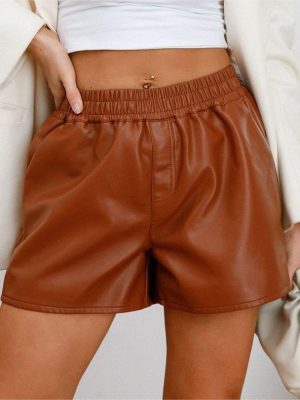 Simple Faux Leather Casual Loose Women's Shorts