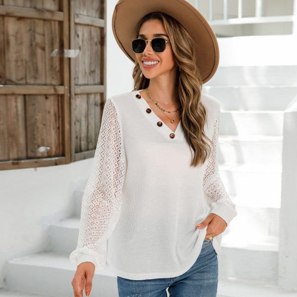 Lace Trim V-Neck Button Tee: Autumn-Winter Style