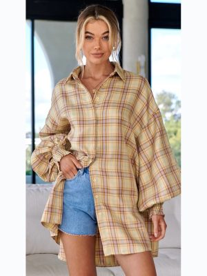 Plaid Lantern Sleeve Shirt - Casual Autumn/Winter