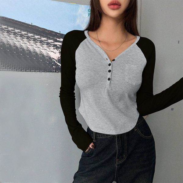 V-Neck Shoulder Long Sleeve Color-Matching T-Shirt