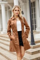 Spring-Autumn Belted Mid-Length Leather Coat