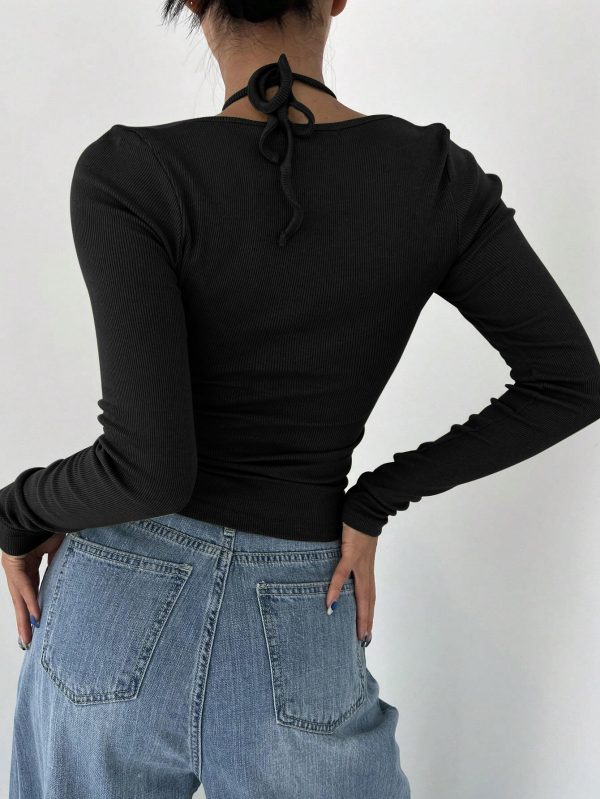 Sexy Black Halter Long Sleeve Tied T-Shirt