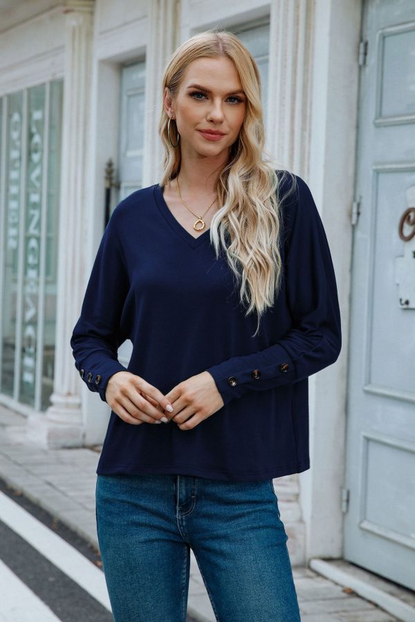 Buttoned V-Neck Long-Sleeved Tee: Solid Color Chic