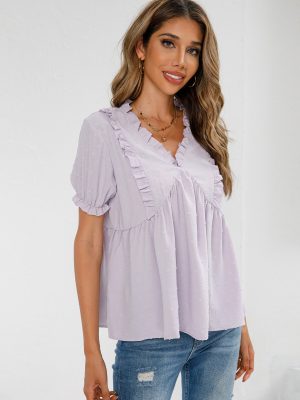 Office Chic V-Neck Short Sleeve Shirt: Women's Top