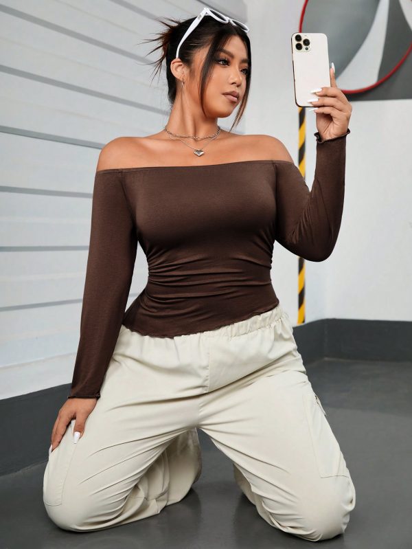 Plus Size Brown Off-Shoulder T-Shirt