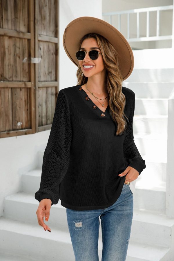 Lace Trim V-Neck Button Tee: Autumn-Winter Style