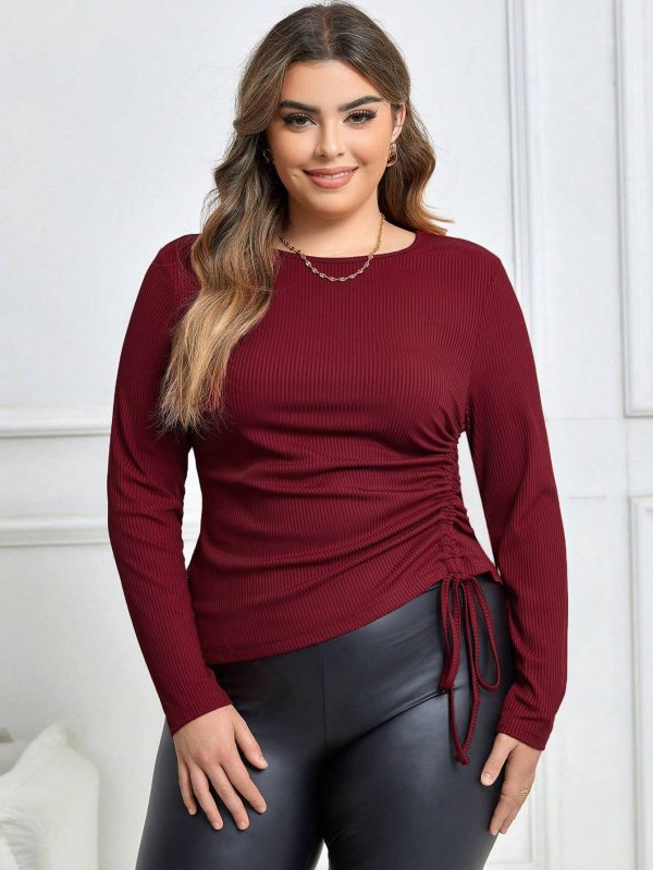 Chic Plus Size Drawstring Long Sleeve T-Shirt for Fall & Winter