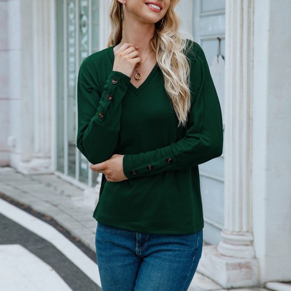 Buttoned V-Neck Long-Sleeved Tee: Solid Color Chic