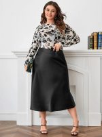 Plus Size High Waist Zipper A-Line Satin Skirt