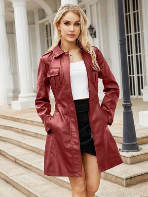 Spring-Autumn Belted Mid-Length Leather Coat