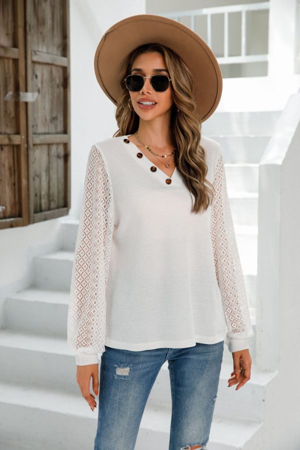 Lace Trim V-Neck Button Tee: Autumn-Winter Style