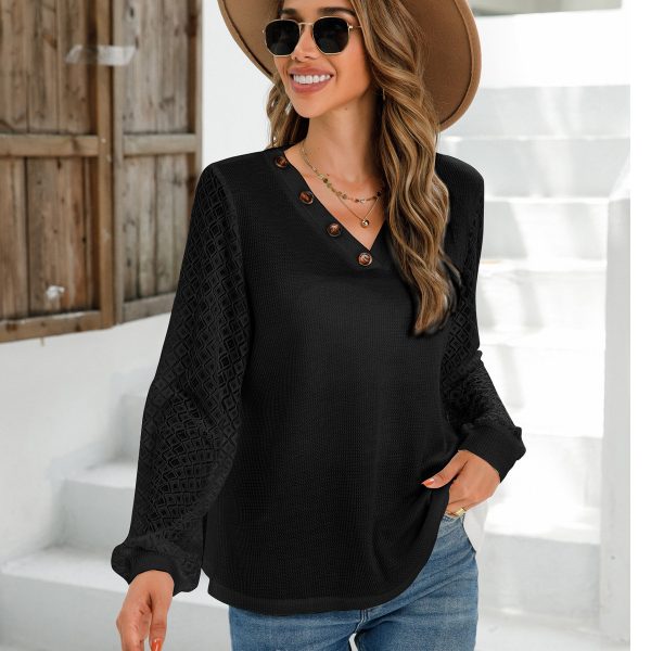 Lace Trim V-Neck Button Tee: Autumn-Winter Style