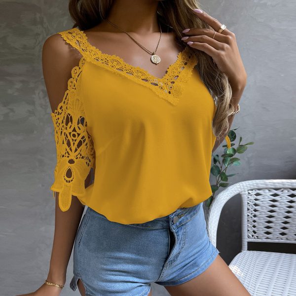 Lace V-Neck Off-Shoulder T-Shirt