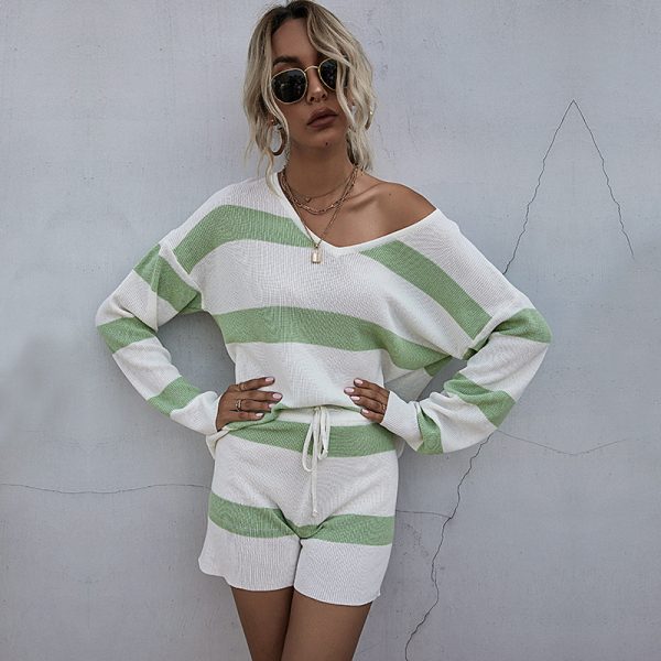Striped Long Sleeve Shorts Suit - Casual Set