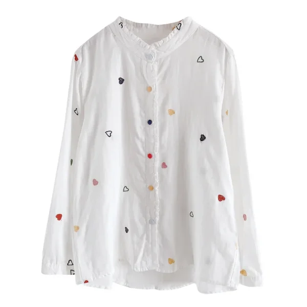 2022 New Japanese Small Fresh And Sweet Love Embroidery Cotton Long Sleeve Shirt