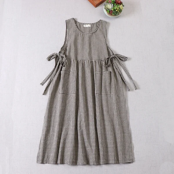 Japanese Spring Plaid Cotton Midi Dress