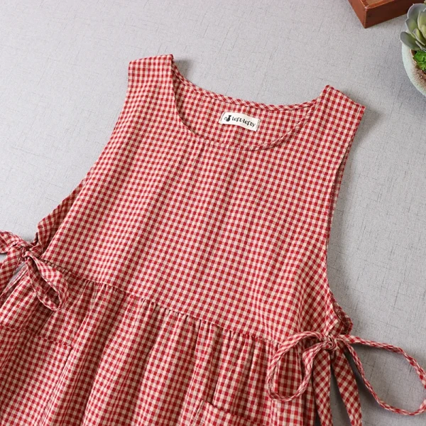 Japanese Spring Plaid Cotton Midi Dress