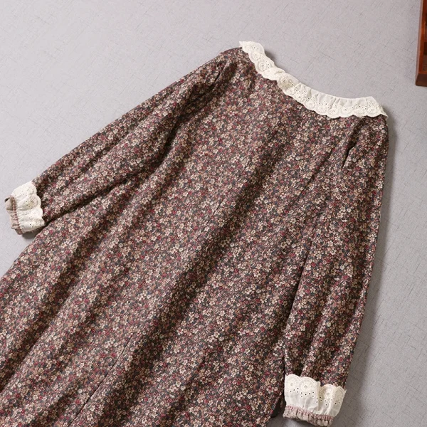 Japanese Literary Cotton Long Sleeve Midi Dress