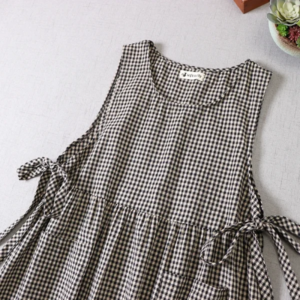 Japanese Spring Plaid Cotton Midi Dress