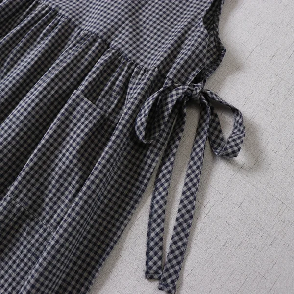 Japanese Spring Plaid Cotton Midi Dress