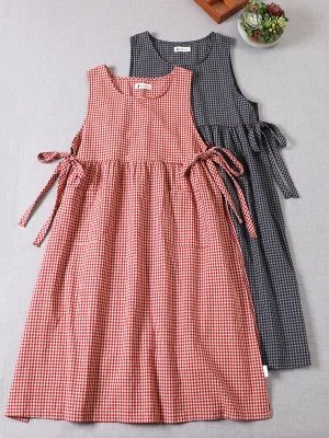 Japanese Spring Plaid Cotton Midi Dress