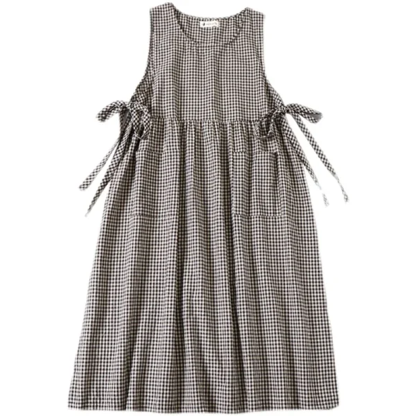 Japanese Spring Plaid Cotton Midi Dress