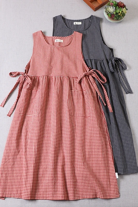 Japanese Spring Plaid Cotton Midi Dress