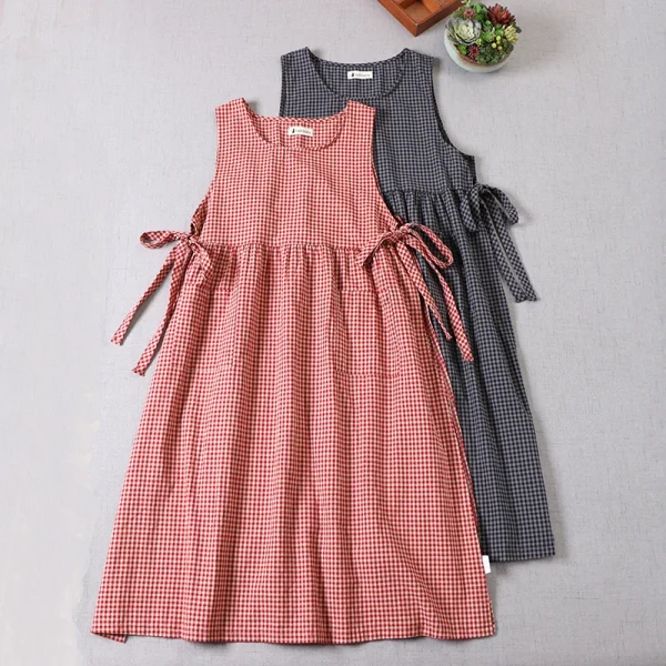 Japanese Spring Plaid Cotton Midi Dress