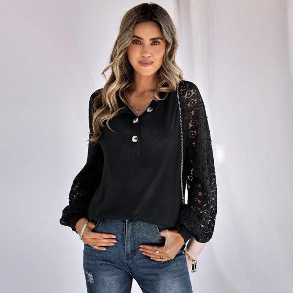 Trendy Long Sleeve Lace Button Pullover