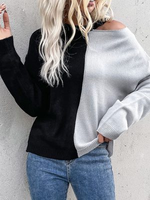 Casual Long Sleeve Color Matching Cutout Sweater
