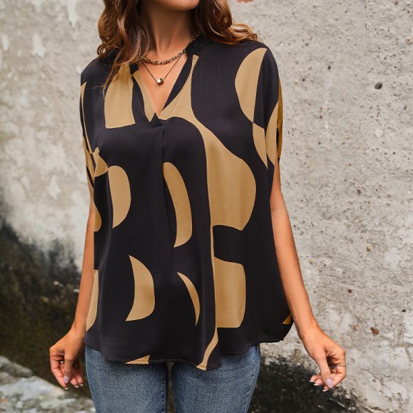 Printed V-Neck Pullover - Women's Summer Short Sleeve Shirt