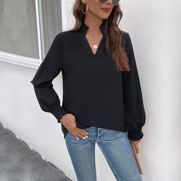 V-Neck Solid Color Long Sleeve Shirt - Women's Spring Style