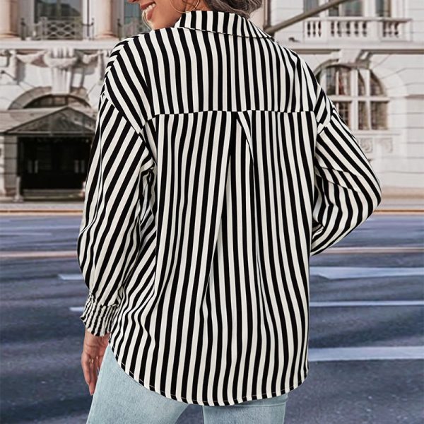 Chic Black and White Striped Long Sleeve Shirt for Women