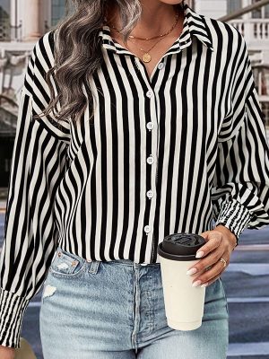 Chic Black and White Striped Long Sleeve Shirt for Women