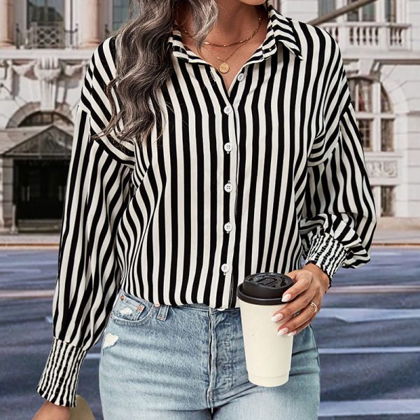 Chic Black and White Striped Long Sleeve Shirt for Women