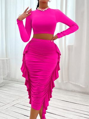 Solid Color Round Neck Flounced Skirt Set - Fall/Winter Sexy