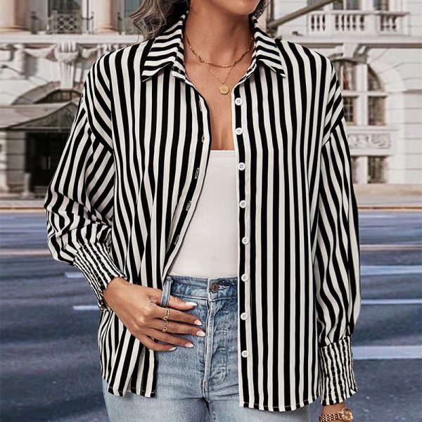 Chic Black and White Striped Long Sleeve Shirt for Women