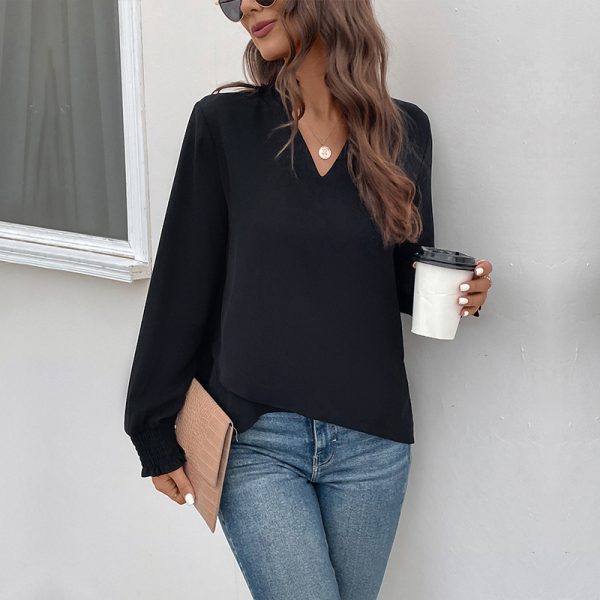 V-Neck Solid Color Long Sleeve Shirt - Women's Spring Style